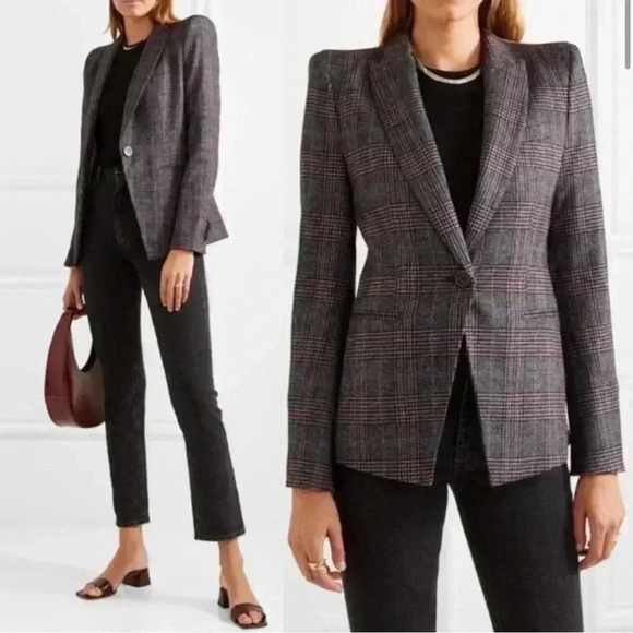 Veronica Beard Brock Dickey Jacket 0 Blazer Wool Grey Plaid Strong Shoulder $695 - Picture 6 of 16